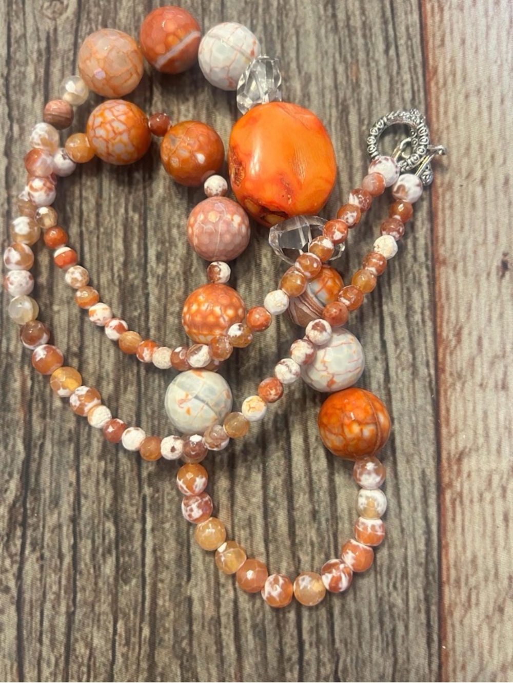 Handmade Fire Agate Coral and Crystal Quartz Beaded Necklace